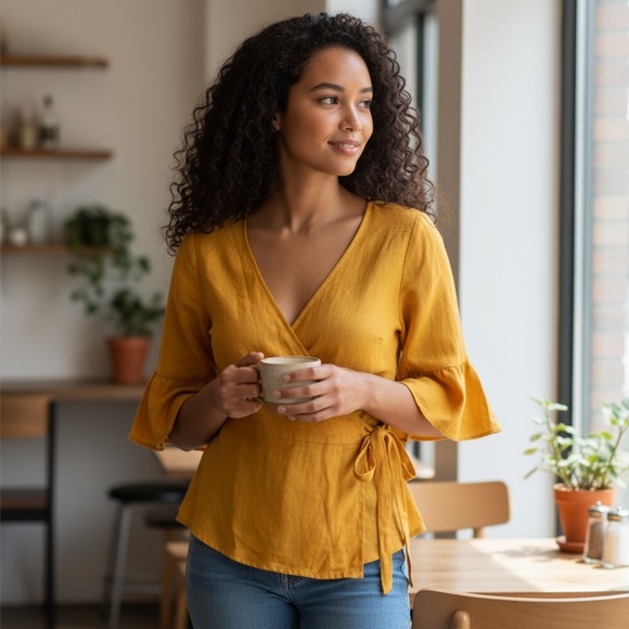 Mustard Yellow Gold Summer Criss-Cross Shirt Top - Picture 1 of 6